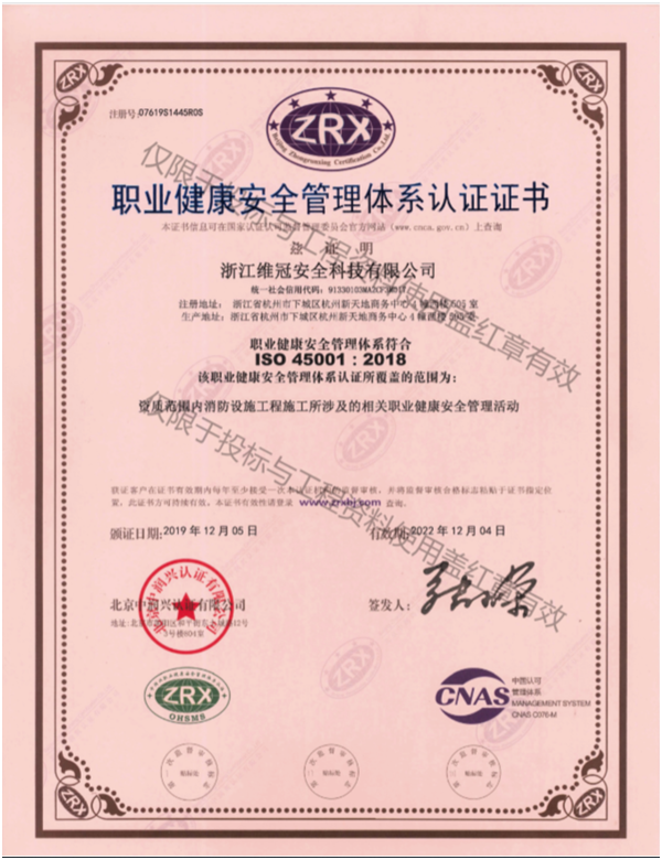 职业健康安全管理体系认证证书(图1)